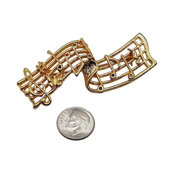 Vintage Musical Notes Brooch Gold Tone Music Staff Pin with Rhinestones – 2.75” - Picture 8 of 8